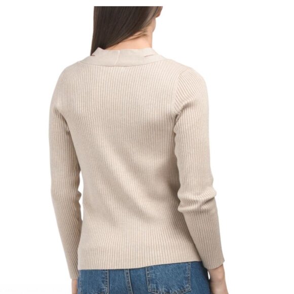 NWT CALVIN KLEIN Button Front Ribbed Cardigan with Slits Heather Latte Size M - Picture 2 of 12